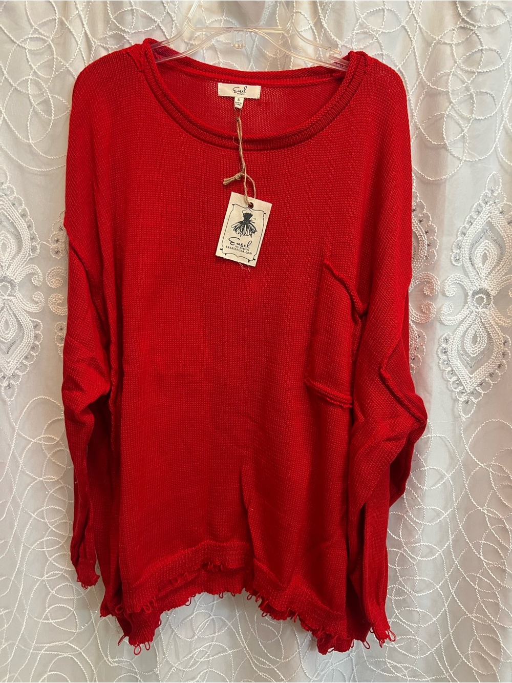 easel Bright Red Lightweight Knit Long Sleeve Pullover